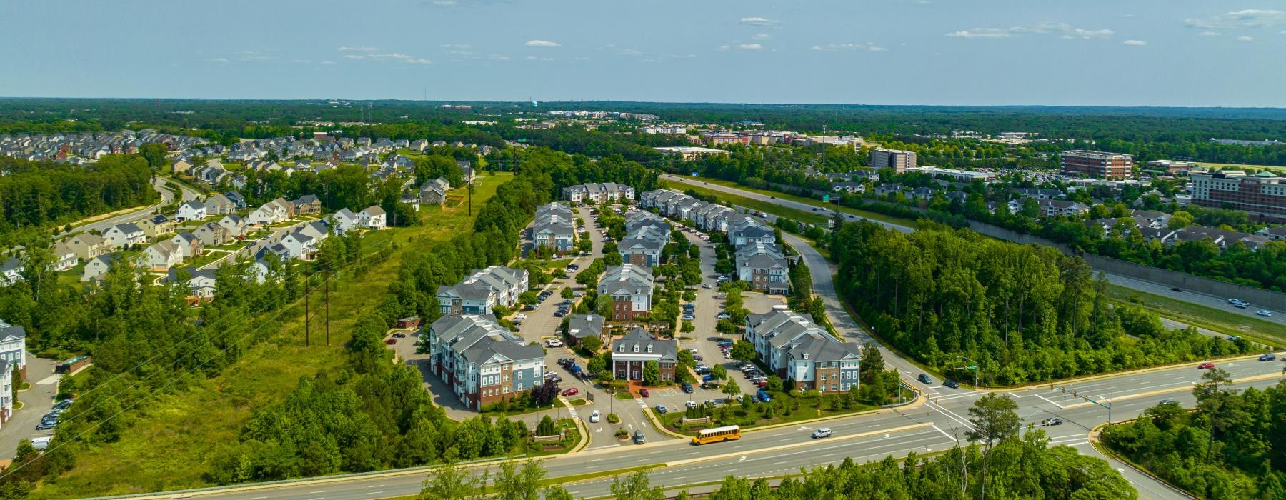 a city with trees and roads